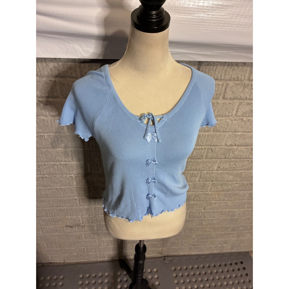 Cotton Emporium Light Blue Ribbed Knit Bow Front Lettuce Edge Baby Crop Top L